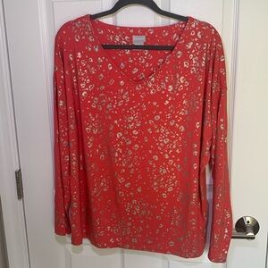 Chico's Coral and Gold Animal Print V-Neck Top size large